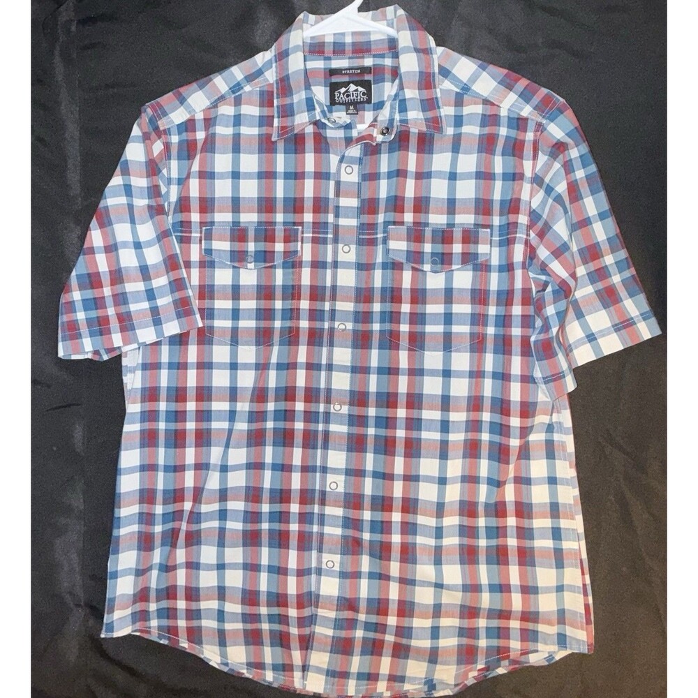 Pacific Outfitters Men’s M Western Plaid Pearl Snap Shirt Stretch Red Blue White